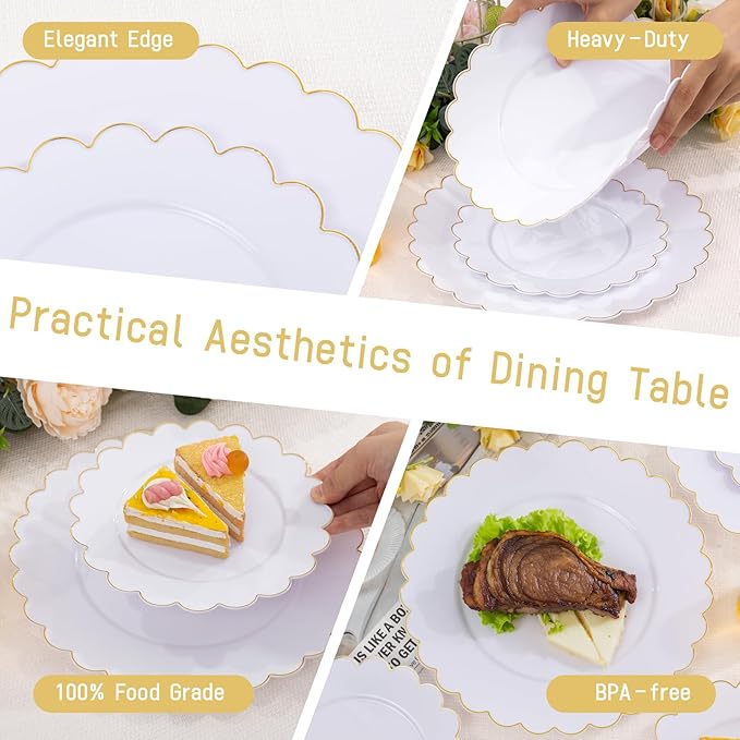 LIYH 120 Pcs White Plastic Scalloped Plates - Gold Fancy Disposable Plastic Plates Includes 60 Dinner 10.25" & 60 Dessert Plate 7.5" Elegant Gold Rim for Party Birthday Day