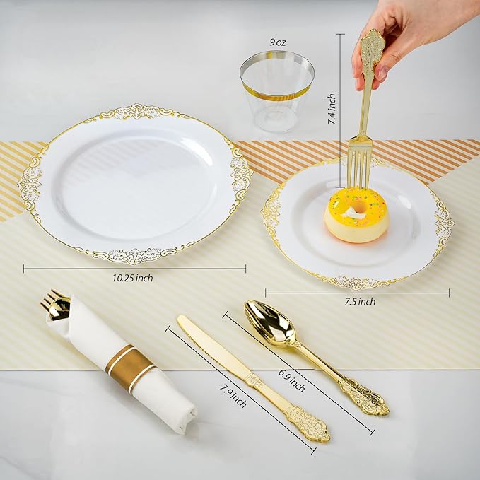 Bestluck 350PCS Gold Plastic Plates for 50 Guests, Disposable Dinnerware Sets Include 100 Gold Rim Plastic Plates, 50 Silverwares, 50 Cups, and 50 Pre Rolled Napkins for Party, Wedding, Graduation