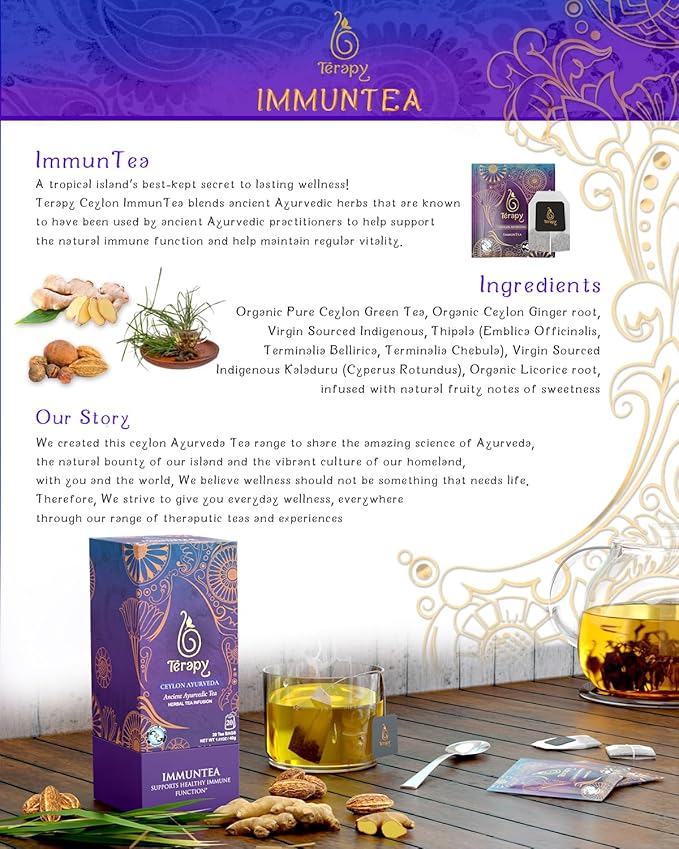 TERAPY Ceylon ImmunTea - Ayurvedic Immunity Tea with All Pure Herbal Ingredients, Ginger & Triphala for Immune Defense, Fortify Your Immunity, Low Caffeine, 20 Individually Wrapped Bags (Pack of 1)