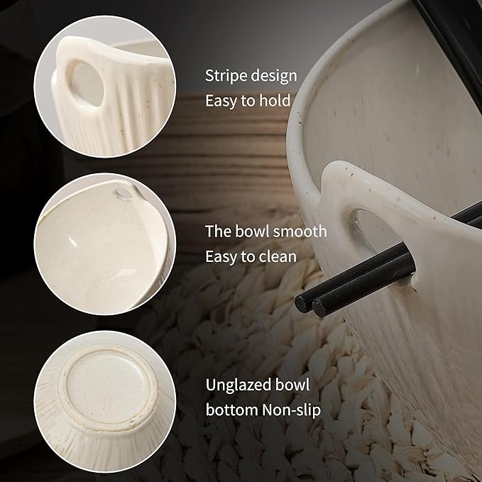Ramen Bowl with Chopsticks and Spoons Set, 7 Inch Ceramic Noodle Bowl Set of 2, Dishwasher Safe for Pho Udon Soba Noodle Salad Pasta, Special Glazed Aged Ivory Speckle Bowls Set