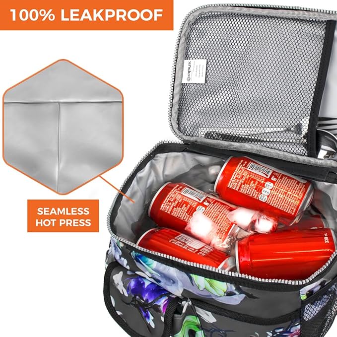 opux Insulated Lunch Box for Men Women Kids, Leakproof Reusable Lunch Bag Cooler for Work School Office, Soft Thermal Lunchbox Tote with Shoulder Strap for Boys Girls Adults, Floral Grey, 14 Can/8L