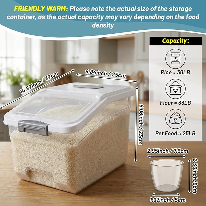 Blushtier 4 Pack Large Rice Storage Containers 30 Lbs Airtight Flour Container with Seal Locking Lid and Measuring Cup Kitchen Dry Food Storage Bins for Cereal Sugar Beans(Transparent and White)