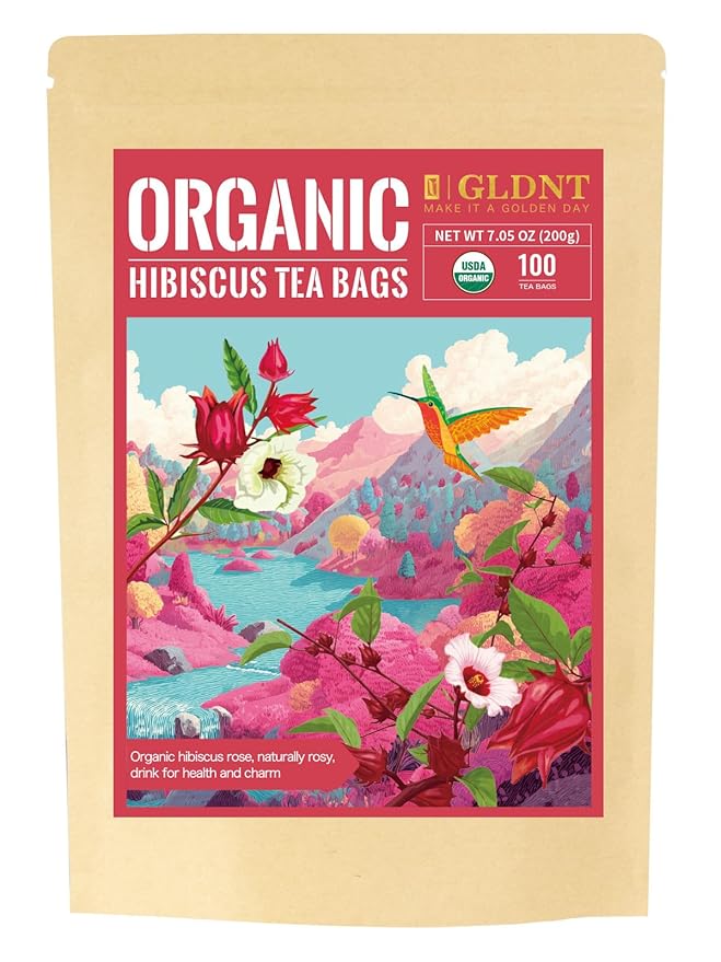 GLDNT Organic Hibiscus Tea Bags, Caffeine Free, Natural Flowers, Refreshing Tart Flavor, 100 Count