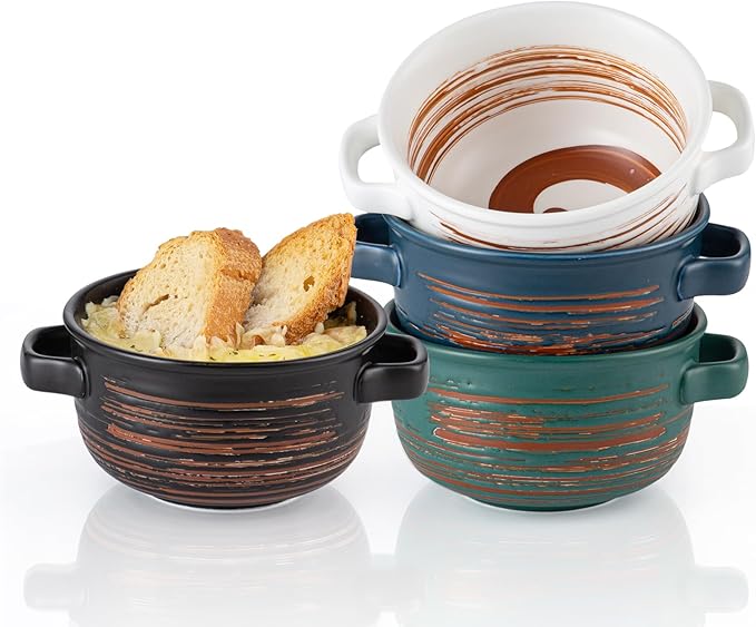 YUN TAO 21 oz French Onion Soup Bowls with Handles, Ceramic Soup Crocks for Ramen, Beef Stew, Pot Pies, Cereal, Oven & Dishwasher Safe - Set of 4