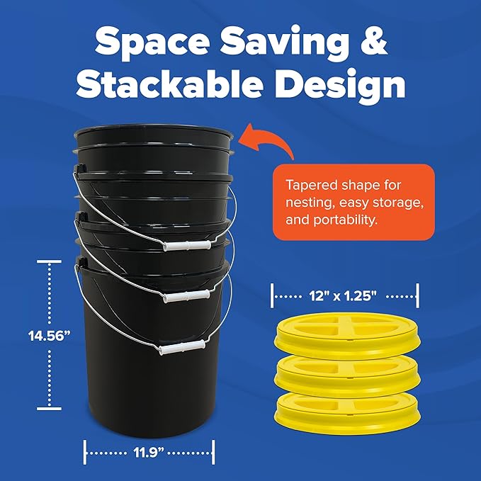 ePackageSupply 5 Gallon Bucket - Food Grade Bucket with Airtight Gamma Seal Screw-On Lid, BPA-Free, Heavy-Duty 90 Mil HDPE Plastic, Bulk Storage, Durable Container, Made in USA, Black/Yellow, 6 Packs