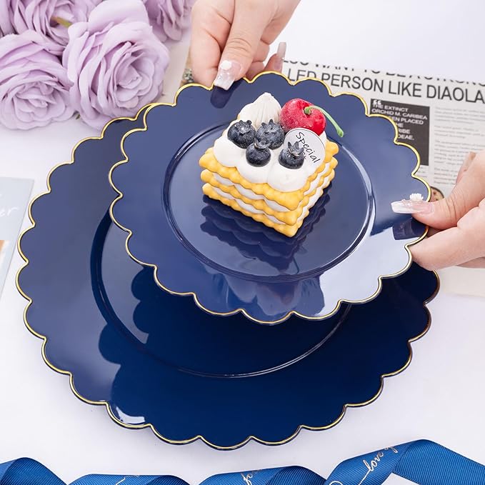 LIYH 60 Pcs Navy Blue Plastic Scalloped Plates with Gold Rim, Blue and Gold Disposable Plates for Party Included 30 Dinner Plate 10.25 30 Dessert Plate 7.5 Inch for Memorial Day,Independence Day