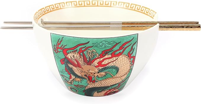 Hagary Dragon Ramen Bowl Ceramic Bowl Japanese Style Udon Miso Noodle Rice Soup Bowls with Stainless Steel Chopsticks Housewarming Wedding Gifts Designed in Korea (Gold, 20 oz)
