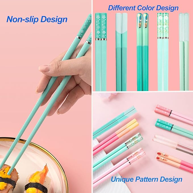 5 Pairs Reusable Chopsticks Dishwasher Safe, Fiberglass Premium Japanese Chines Korean Chopsticks for Sushi Noodles Ramen, Non-slip Chop Sticks, Lightweight, 9.6 inches- Green&Pink-D