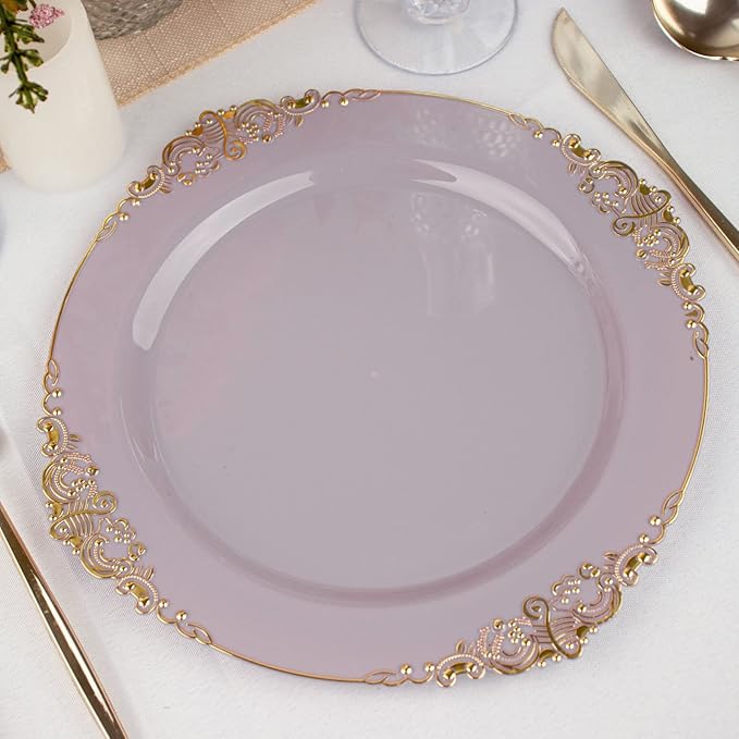 Efavormart 10 Pack | 10" Lavender and Gold Baroque Dinner Plates, Leaf Embossed Metallic Rim Heavy Duty Serving Plates for Whimsical Weddings