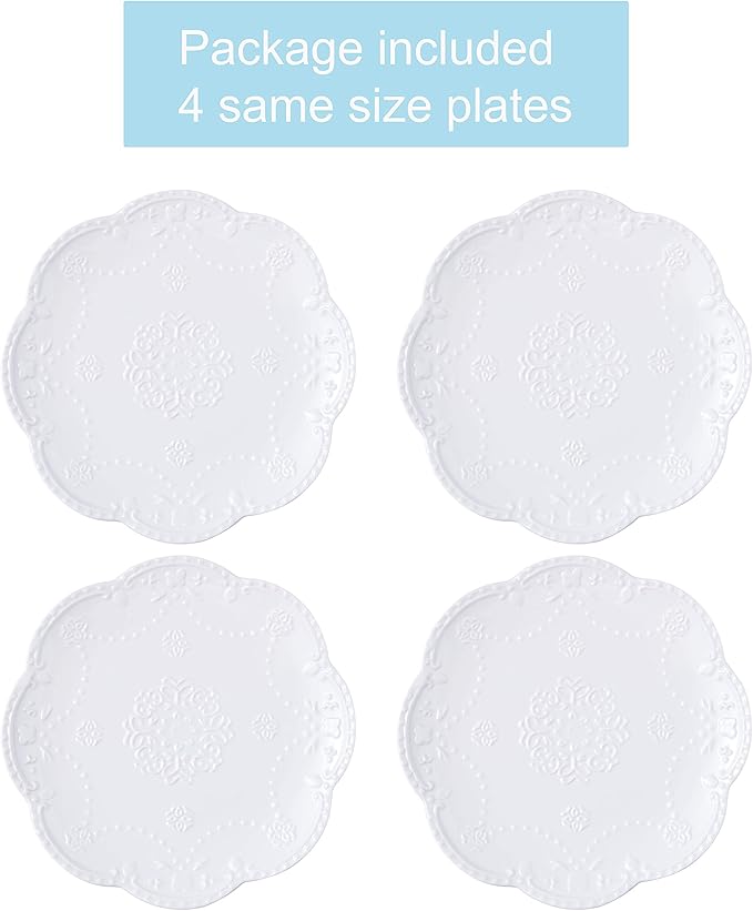 CLAY TONIC 6 In Embossed Lace White Porcelain Plate-Dinner Plate Set, Pasta/Salad/Dessert Plate Tableware Set for Restaurant Family Party Kitchen Use -4 Plates, CL-PL015 (6 Inche, White)