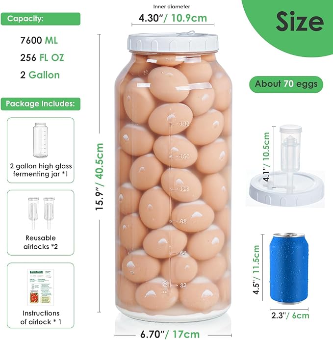 2 Gallon Glass Jar with Airtight Lid, Wide Mouth Wine Making Supplies with 2 Airlocks(7600ML), Pickle Jar, Gallon Fermentation Jar with Clear Scale Marks for Home Brew, Kombucha, Cider, Beer