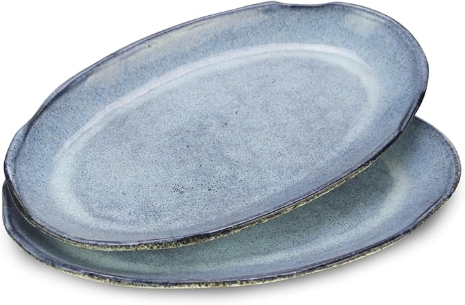 roro Rustic Handmade Ceramic Stoneware Oval Plates, Reactive Blue, Set of 2 – Textured Finish Artisan Serving Plates
