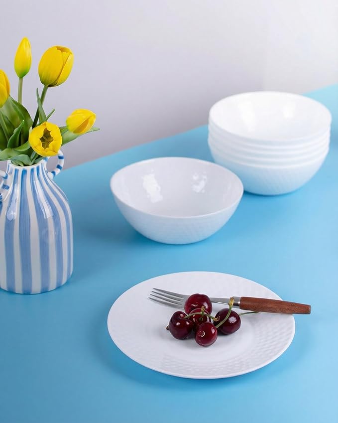 LaGlint 8.5 inch Salad Plate Set of 6, Opal Glass Round Geometric Faceted Small White Plates for Dessert, Kitchen, Dishwasher and Microwave Safe