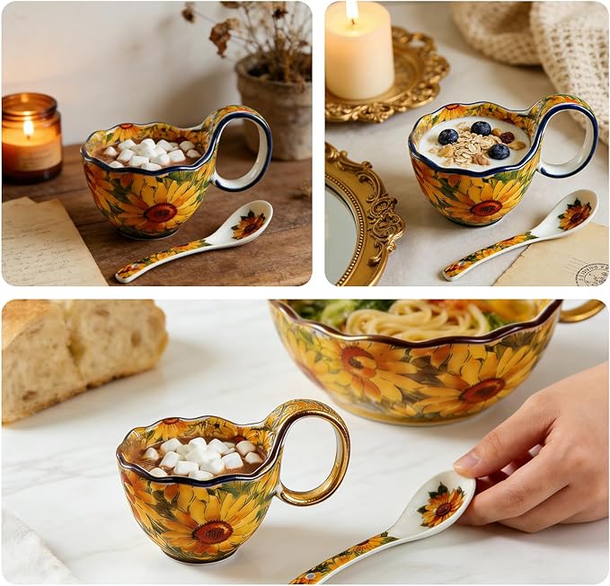 Sunflower Pattern Ceramic Soup Bowls with Handles - Decorative Soup Bowl Set for Breakfast Cereal/Yogurt (Including Spoon)