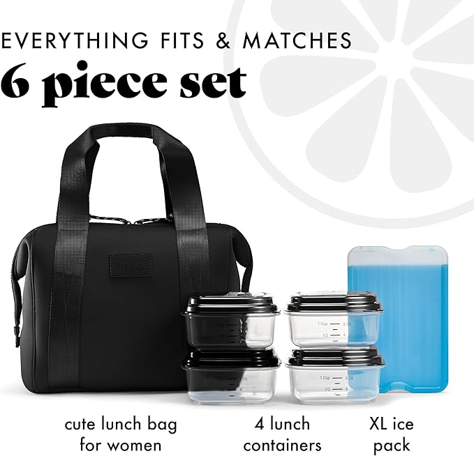 Fit & Fresh Remi Lunch Bag for Women Work – Neoprene Lunch Tote with Containers & Ice Pack, Reusable Meal Prep Lunch Box, Large Capacity, Machine Washable, Black