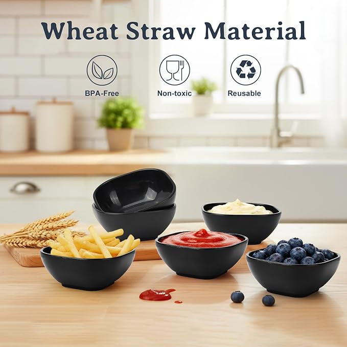 Wheat Straw Small Bowls 5 OZ, Unbreakable Soy Sauce Dish, Microwave Safe Dipping Bowls Set of 6, Small Ramekins, Dipping Sauce Cups, Small Dip Bowls for Party, Outdoor, Kitchen - Black