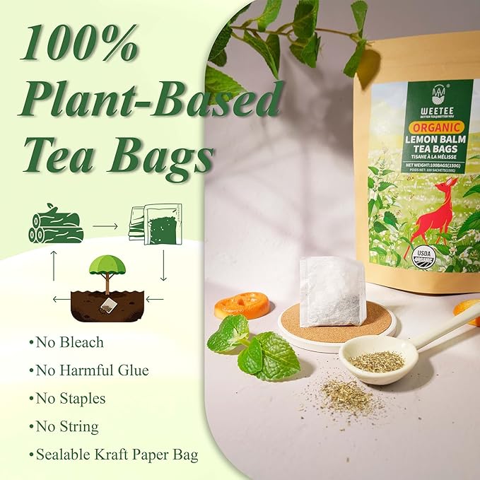 WT WEETEE Organic Lemon Balm Tea Bags 100 Counts, Pure Herbal Tea for Daily Reset, Caffeine-Free & Clean Taste