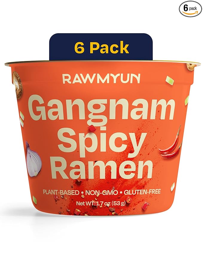 RAWMYUN Gluten Free Healthy Korean Ramen Vegan Superfood Clean Ingredients Plant-Based Cup Noodles made with Organic Rice Noodles Instant Soup | No MSG, Non-GMO, Real Ingredients (6 Gangnam Spicy)