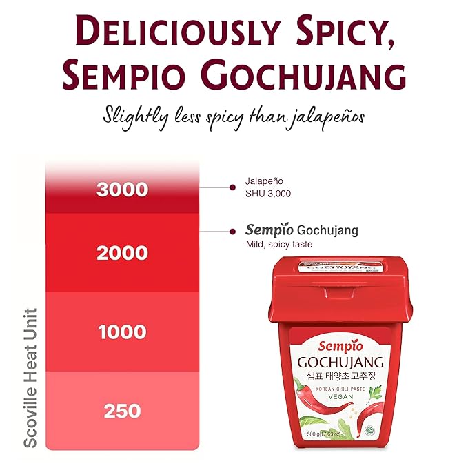 Sempio Gochujang Vegan Korean Red Chili Pepper Paste - Mild Heat: Sweet Spicy Savory Paste, Traditional Fermented Condiment for Cooking, Marinades, Dips, Halal Certified (1.1lbs/500g)