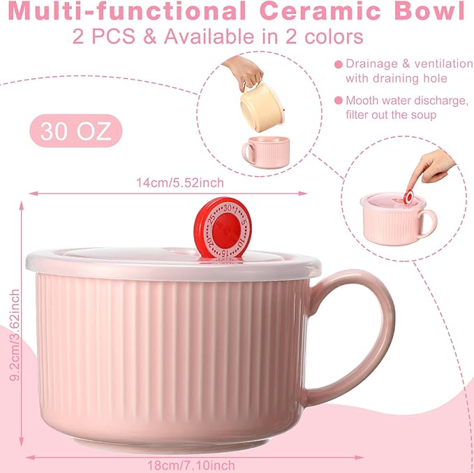 Nuenen 2 Pcs Soup Bowls with Lids and Handles 30 oz Microwave Safe Ceramic Soup Mug Microwavable Ramen Containers with Lids Large Colorful Cups for Noodle Cereal kitchen(Pink, Yellow)