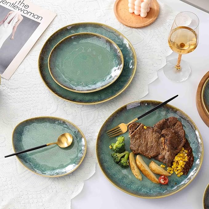 Henten Home Ceramic Appetizer Plate Set, 6.75 Inch Dessert Plates, Reactive Glaze Serving Plates for Snack, Sushi, Set of 4, Microwave & Dishwasher Safe (Green)