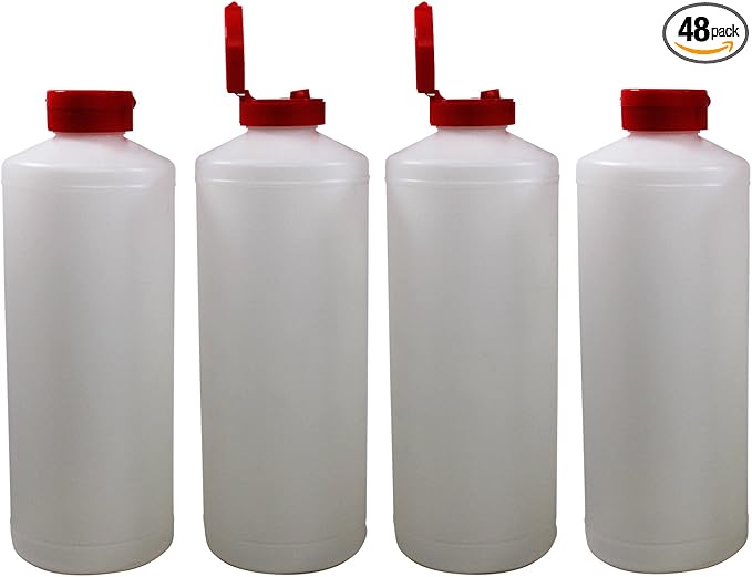 Pinnacle Mercantile Plastic Condiment Squeeze Bottles Dispensing with Red Flip Top Hinged Cap Large 32 oz Empty Set of 48