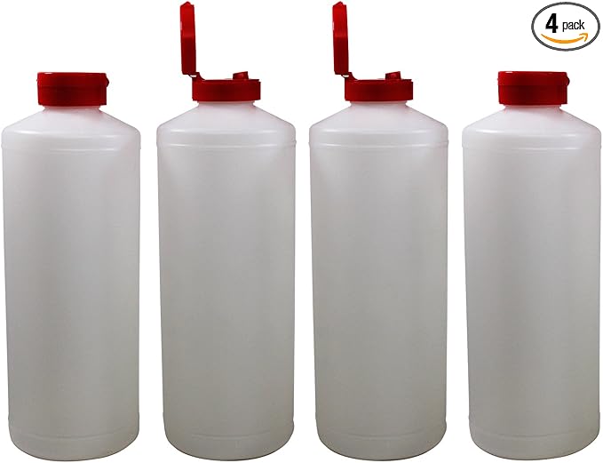 Pinnacle Mercantile Plastic Condiment Squeeze Bottles Dispensing with Red Flip Top Hinged Cap Large 32 oz Empty Set of 4