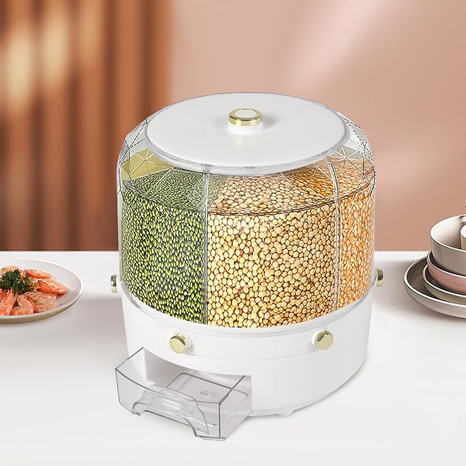 Rice Dispenser 6 Grids Dry Food Storage Containers 360° Rotating Cereal Dispenser for Kitchen Pantry Organization, Storage Bucket for Small Grains, Beans, Rice (6 Grids - A02)
