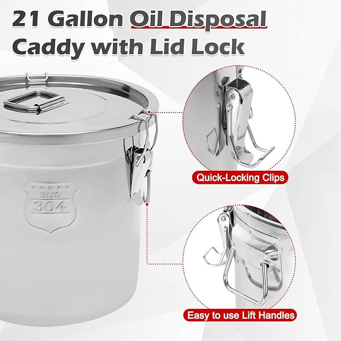5.5 Gal / 21L Cooking Oil Storage Can Commercial Oil Container with Filter & Lid Metal Bucket Food Storage Containers Airtight for Rice Flour Grain Dog Food Coffee Bean, 304 Stainless Steel -Silver