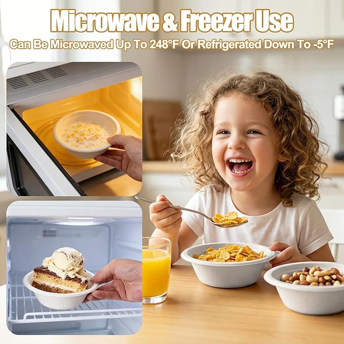 TaidMiao Paper Bowls Disposable - 100 Pack 12 oz Compostable & Biodegradable Bowls; Heavy Duty Sugarcane Fiber Bowls, Microwave Safe; Ideal for Soup, Salads, Pasta & Ice Cream