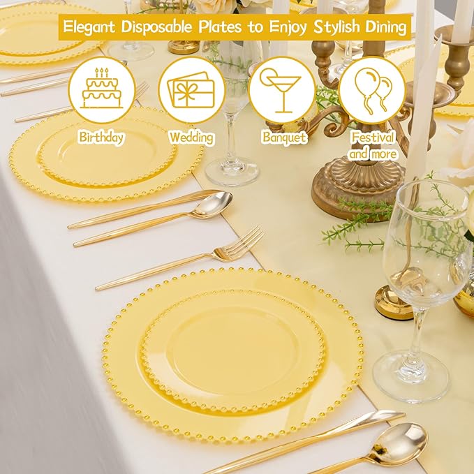 Supernal 100pcs Yellow Plastic Plates,Heavy Duty Plastic Plates,Yellow Party Decorations with Gold Beaded Including 50 Dinner Plate and 50 Disposable Dessert Plate,Pretty Disposable Platos for Wedding