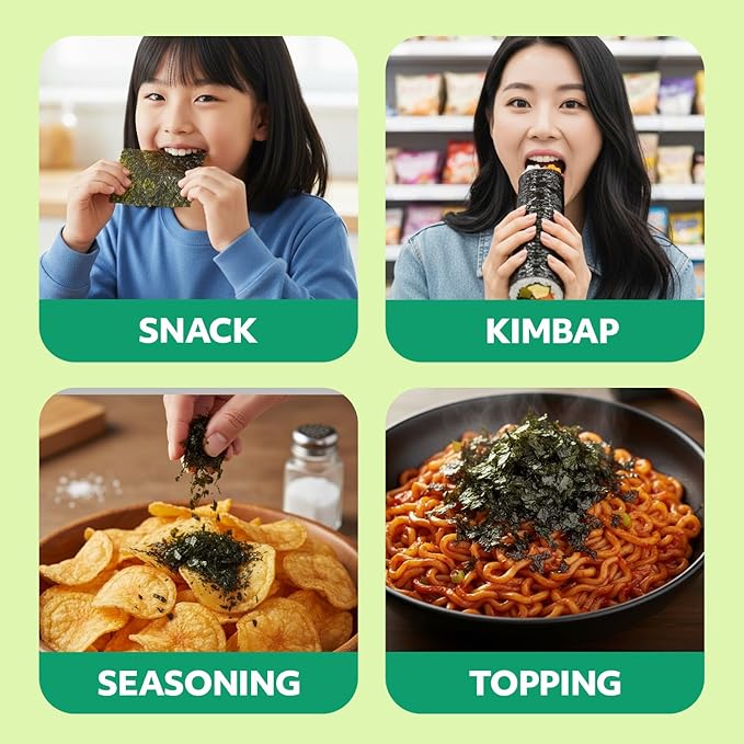 Kim’s Table Roasted Seaweed Snack – Korean Seasoned Spicy Seaweed Sheets, Light & Crispy, Healthy Low Calorie Gluten Free Vegan Snack, 6 Convenient Packs (0.14oz Each) (Wasabi) 와사비맛 한국 김