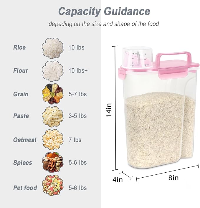LEAWALK Airtight 10LBS Rice/Cereal/Dry Food Storage Container BPA Free, 5.28Qt Clear Plastic Kitchen and Pantry Organization Bin Suitable for Oats, Flour, Sugar, Pasta, Pet Food, etc (Clear Pink)