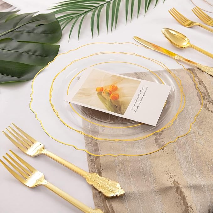 WDF 100pcs Clear Disposable Plastic Plates With Gold Trim - Baroque Clear Gold including 50PCS Dinner Plates 10.25inch and 50PCS Salad Plates 7.5inch for Wedding Baby Shower Spring Birthday