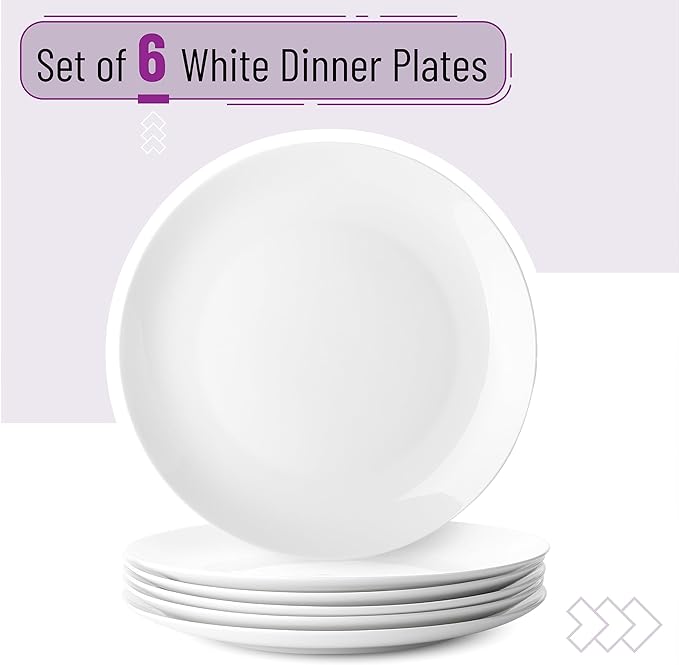 BTaT- White Porcelain Dinner Plates, Set of 6, 10.5 Inch, White Dishes, Porcelain Plates Sets for 6