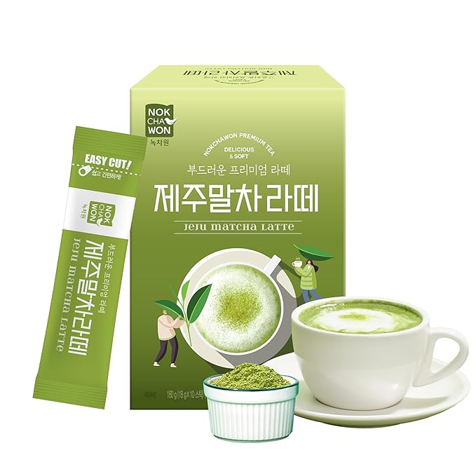 [Nokchawon] Jeju Matcha Latte – Smooth and Creamy Sweet Green Tea Latte with Jeju Grown Matcha Powder, drink mix, korean tea, 10 Sticks, 180g (6.35oz)