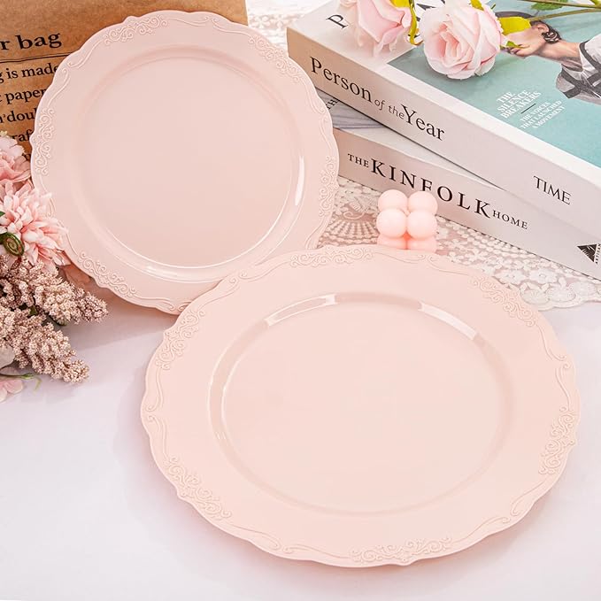U-QE 100PCS Mauve Pink Plastic Plates - Heavy Duty Pink Disposable Plates for Mothers Day, Party, Baby Shower, Wedding - Serving 50 Guests Include 50PCS 10'' Dinner Plates & 50PCS 7.5'' Dessert Plates
