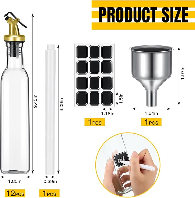 Hushee 12 Pcs Clear Glass Olive Oil Dispenser Bottles Sets Include 8oz Glass Bottle with Spout Oil Vinegar Cruet Container for Kitchen Stainless Steel Funnel Black Labels with White Pen(Gold)