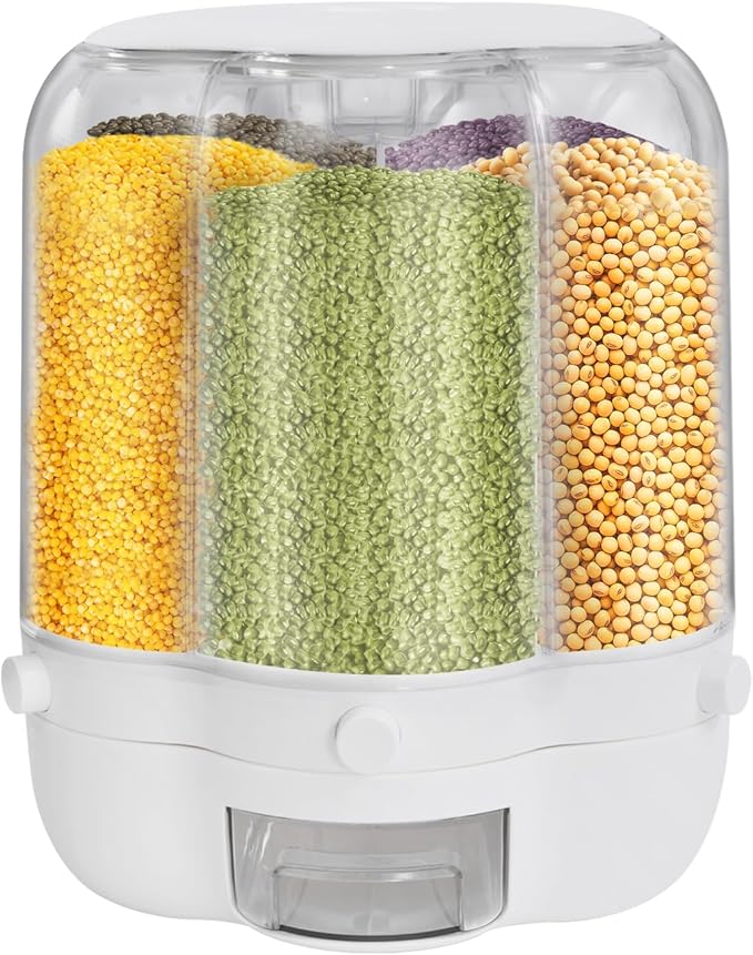 360° Rotating Grain Dispenser with 6 Grids, 27lbs Large Capacity Grain Dispenser Rotating Kitchen Storage Containers With Sealed Lid for Cereals, Oatmeal and Candy
