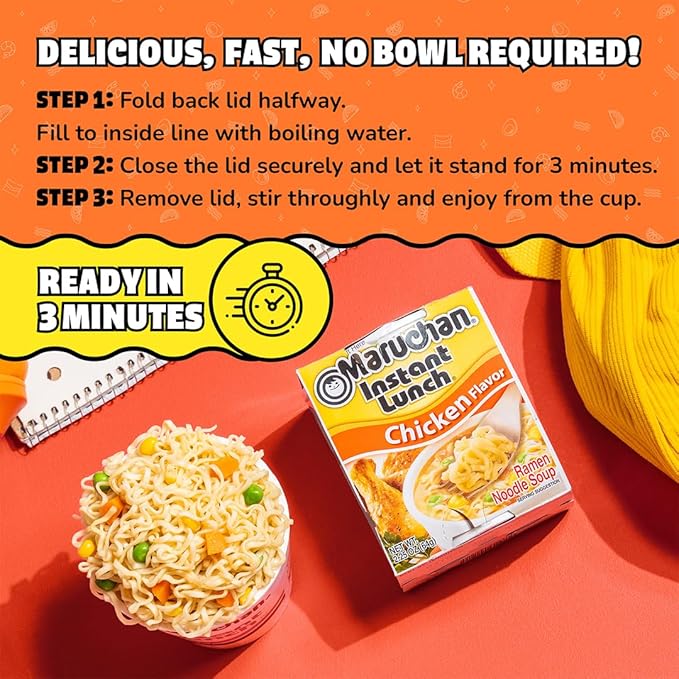 Maruchan Instant Lunch Ramen Noodles, Chicken Flavor – Japanese-Style Instant Noodle Soup, Easy Meal Ready in 3 Minutes – 2.25 Oz. (12 Pack)