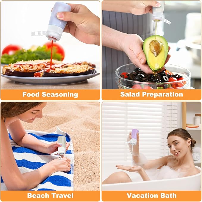 Seropy Condiment Squeeze Bottles for Sauces, Salad Dressing Container to Go, Small Silicone Squeeze Bottles, Condiment Containers Dispenser for Ketchup Hot Sauce, Purple/Beige/Blue/Gray 2 Oz