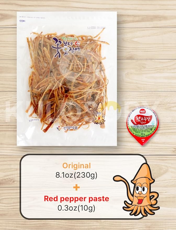 KULOSORY [230g/8.1oz] Korea Seasoned Dried Squid Snack Original + Red pepper paste 10g / sweet and savory