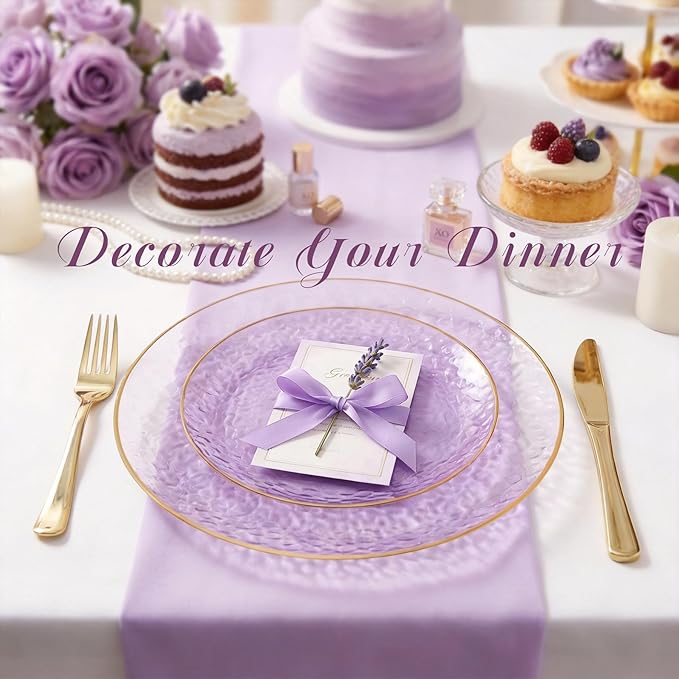 Lullaby 100pcs Purple Plastic Plates with Gold Rim, Include 50pcs Dinner Plate 10'' and 50pcs Heavy Duty Dessert Plate 7'', Plastic Disposable Plates for Parties, Birthdays and Wedding