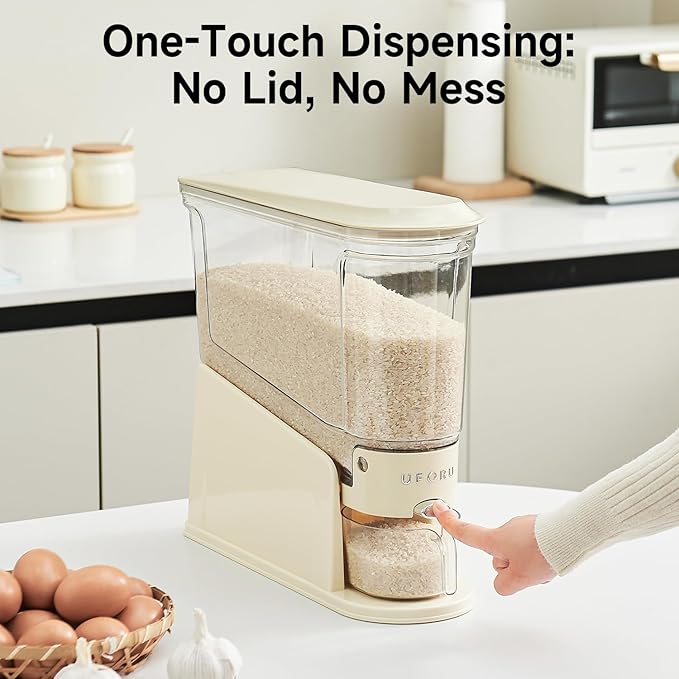 UFORU Rice Dispenser 11Lbs, Slim Rice Storage Container for Small Space, BPA-Free Clear Dry Food Dispenser Sealed Moisture Proof, Grain&Cereal Storage Bucket for Kitchen Pantry Household, Cream White