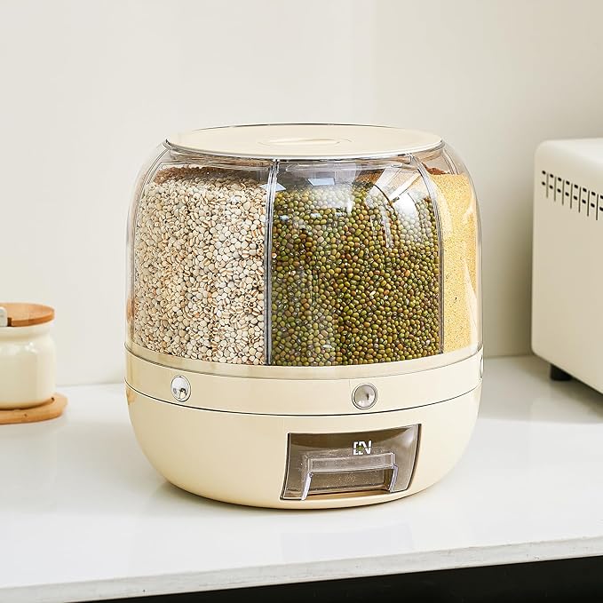 UFORU Rice Dispenser | 360° Rotating Grain Storage Bin - 6 Grids, 20LBS Large Capacity Food Container, Moisture-Proof, One-Click Output for Rice, Beans & Pet Food - Kitchen Pantry Organizer