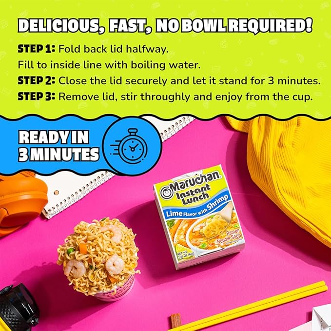 Maruchan Instant Lunch Ramen Noodles, Lime Flavor with Shrimp – Japanese-Style Instant Noodle Soup, Easy Meal Ready in 3 Minutes – 2.25 Oz. (12 Pack)