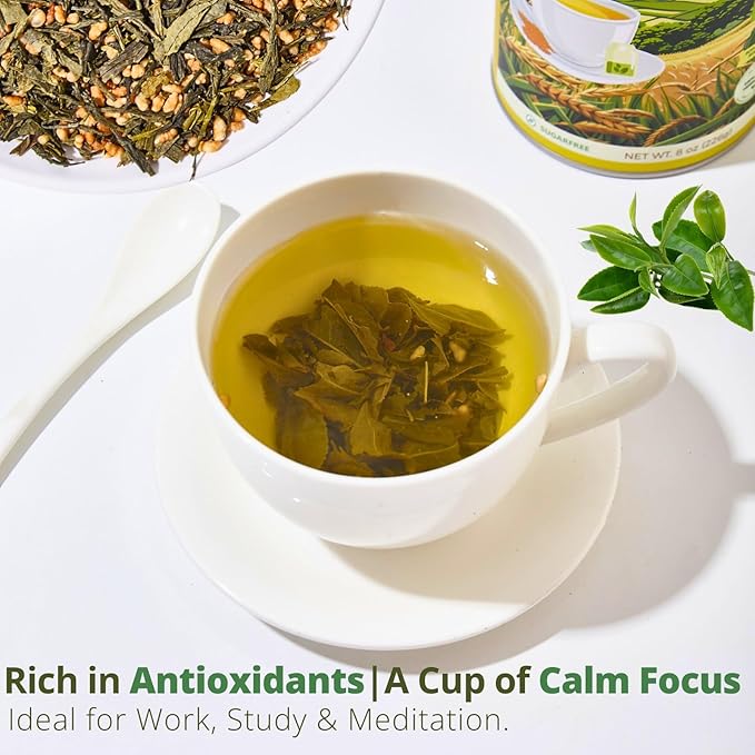 8oz Organic Genmaicha Green Tea with Roasted Rice, Genmaicha Tea Loose Leaf, Roasted Green Tea, Brown Rice Tea, Smooth Nutty Flavor