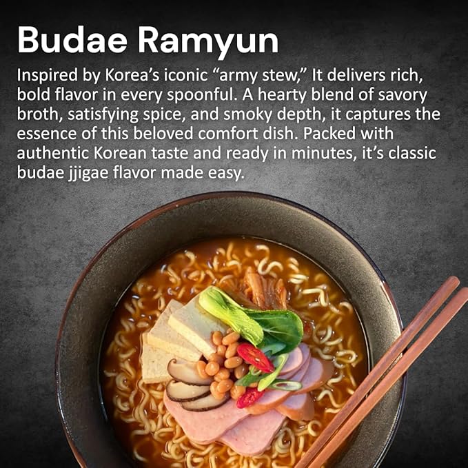 Korean instant ramen with thick noodles and a spicy, savoury broth. The Han Kitchen Pocha Ramyun K-Army Budae Jjigae style noodles, ready in 5 minutes.118 g (Pack of 4)