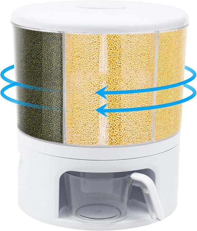 Grain Storage Container Dispenser, 6 Grids rice dispenser rotating, 360° rotating food dispenser One-Click Output rice Storage Round Grain Dispenser Kitchen (White 2.3kg)