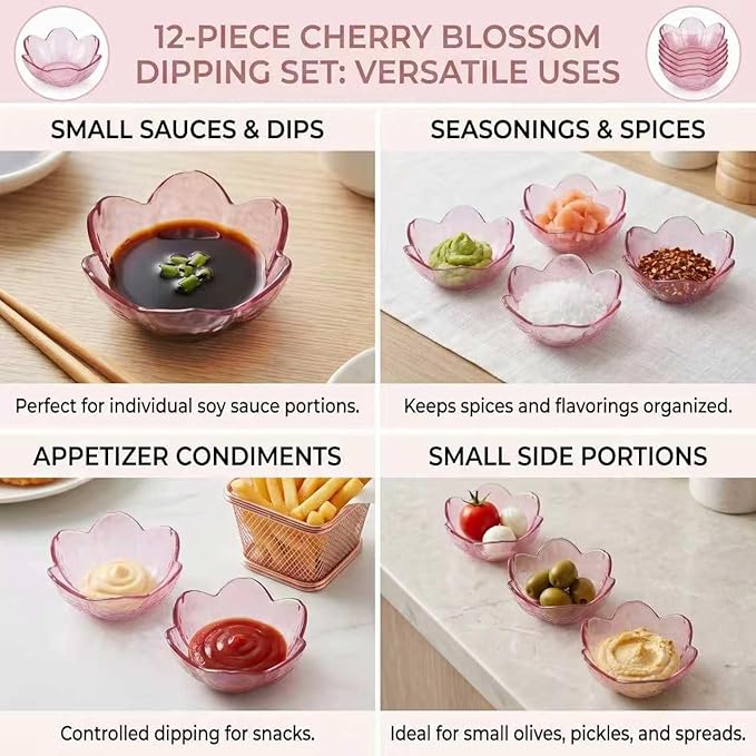 Sakura Sauce Dishes Set, 3.34x1.37 inch Plastic Cherry Blossom Dipping Bowls, 12 Pcs Small Condiment Dishes for Soy Sauce, Sushi, Snacks, and Party Appetizers (Pink)